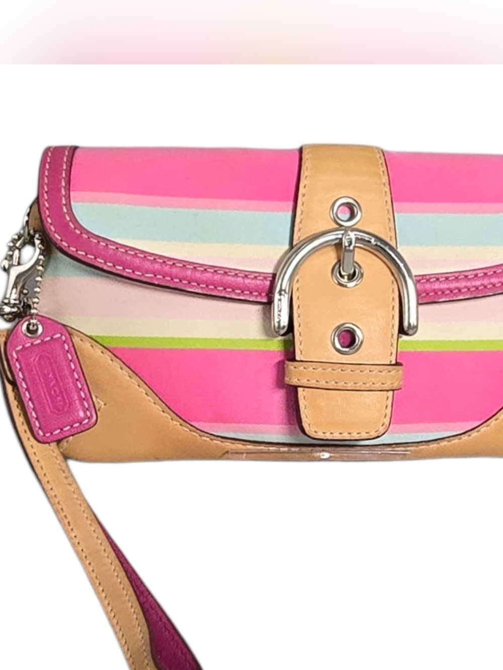 Coach Pink, Tan & Lime Stripe Wristlet Clutch - Picture 14 of 14